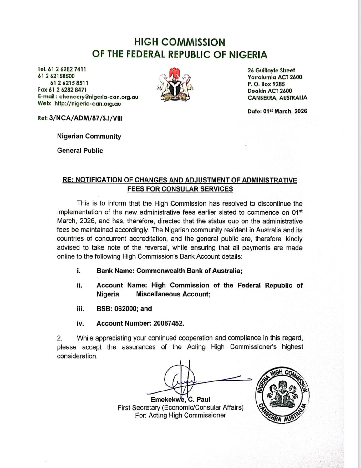 Official notice on consular service administrative fees