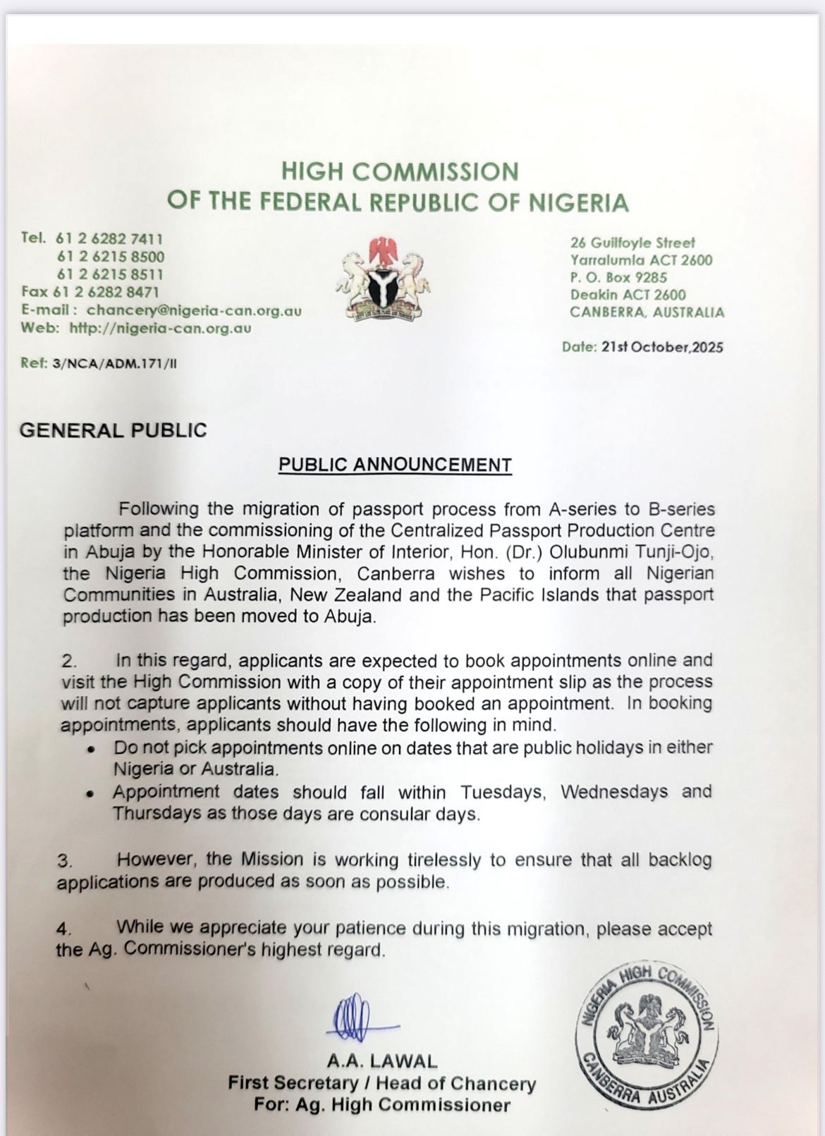 Passport application appointment notice